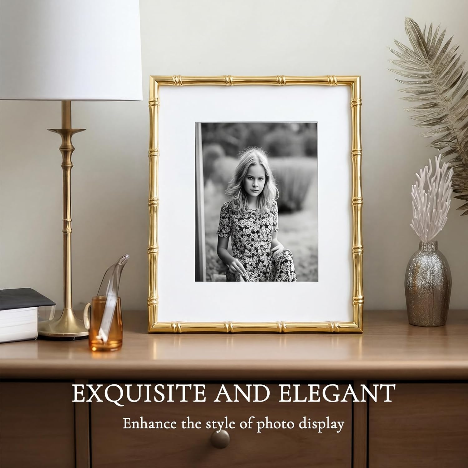 Novabright 2 Pcs Gold Bamboo Picture Frame 8 x 10 Inches, Vintage Elegant Photo Frames with Acrylic Cover for Tabletop or Wall Display, Perfect for Home Decor, Wedding, Family, Gift