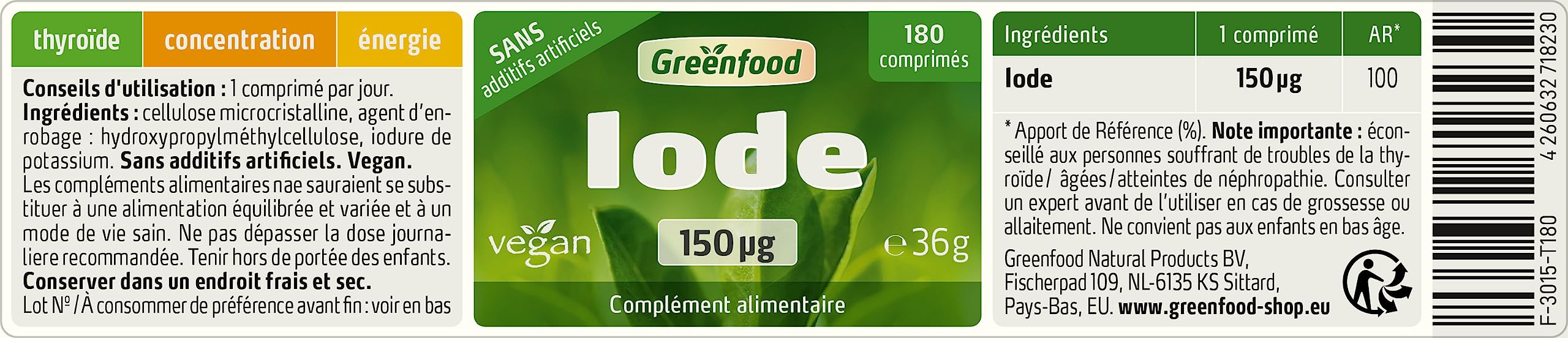 Greenfood Iode, 150 μg, 180 comprimés, vegan - important pour un métabolisme énergétique normal. SANS additifs artificiels. Sans organisme génétiquement modifié.