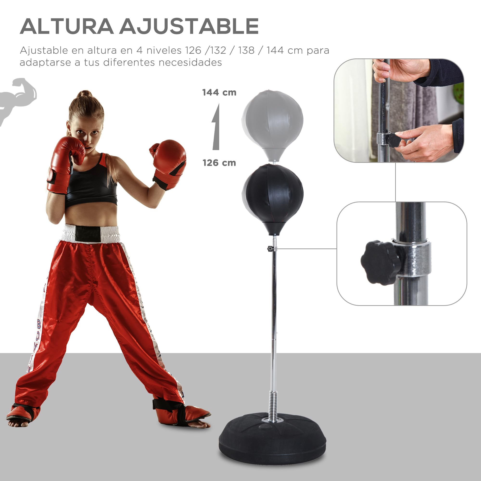 HOMCOM Saco de Boxeo de Pie Punching Ball Altura Ajustable 126-144 cm Base Rellenable Guantes Boxeo Adultos