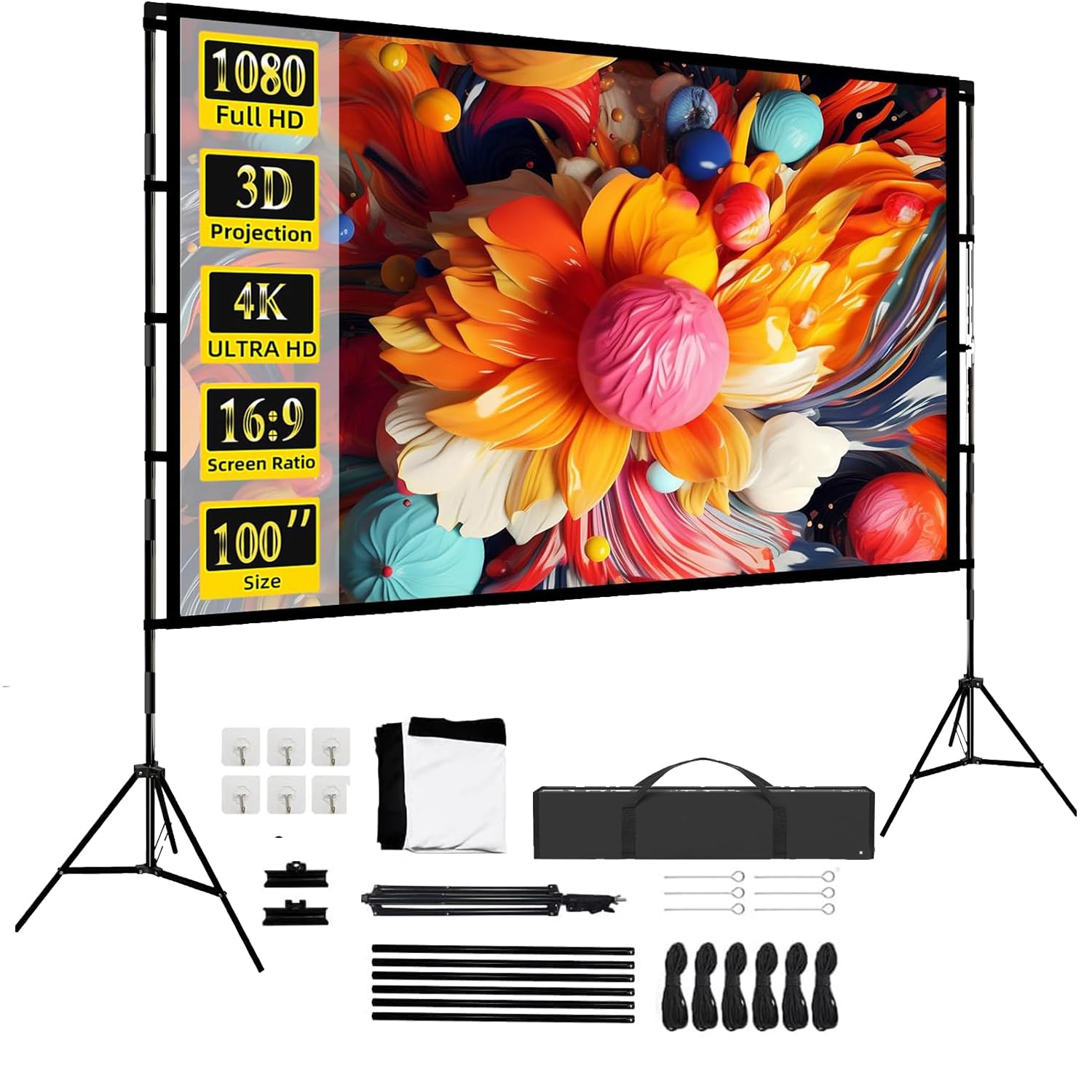 Projector Screen with Stand, 100-inch Portable Projector Screen Outdoor Indoor Wrinkle Free 16:9 4K HD Rear Front Movies Screen, with Carrying Bag, for Home Theater Backyard Movie Night Travel
