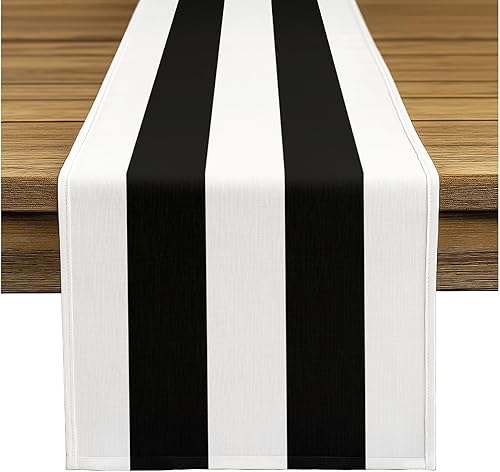 Fabric Textile Products Mesa a rayas blancas y negras  Decoración de mesa de cabaña  14 x 108 pulgadas  Lavable a máquina y resistente a las manchas