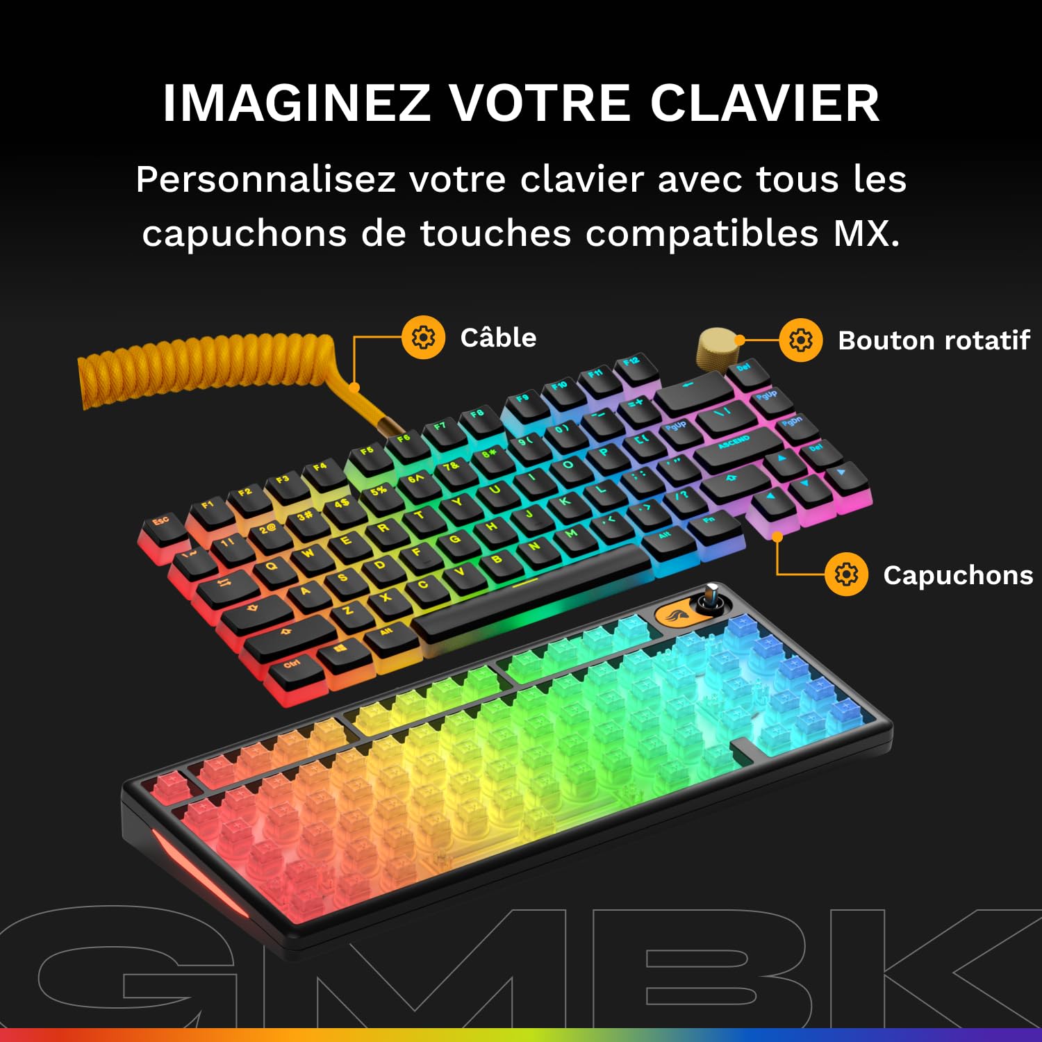 Clavier GLORIOUS Gaming GMBK 75% - Capuchons MX remplaçables, USB détachable, IP57 résistant Eau/poussière, RGB 10 Zones, Switchs Silencieux - Disposition française AZERTY