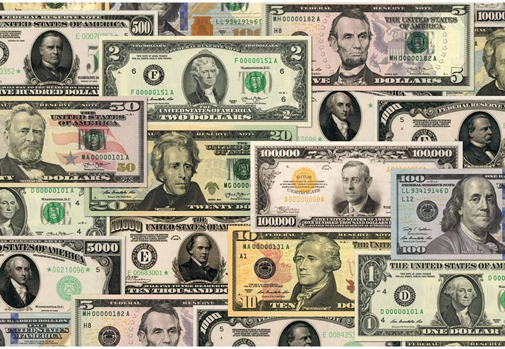 United States Currency 500 Piece Double-Sided Jigsaw Puzzle | Two Puzzles in One: Unique 3-Sided Triangular Box | Educational Money & Coin Art | 15" x 22" Size | by Pigment & Hue
