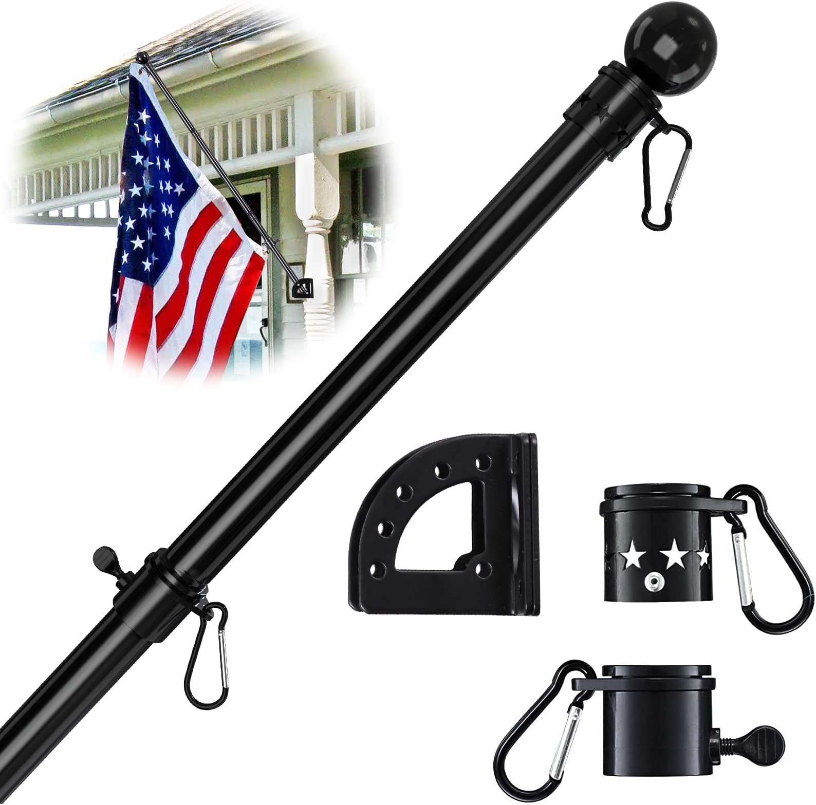 YeYeBest Black Flag Pole, Adjustable 5 Angles Flag Pole for House, 6 FT Tangle Free Flag Pole Kit with Holder Bracket, Stainless Steel Flagpoles Heavy Duty for Outside
