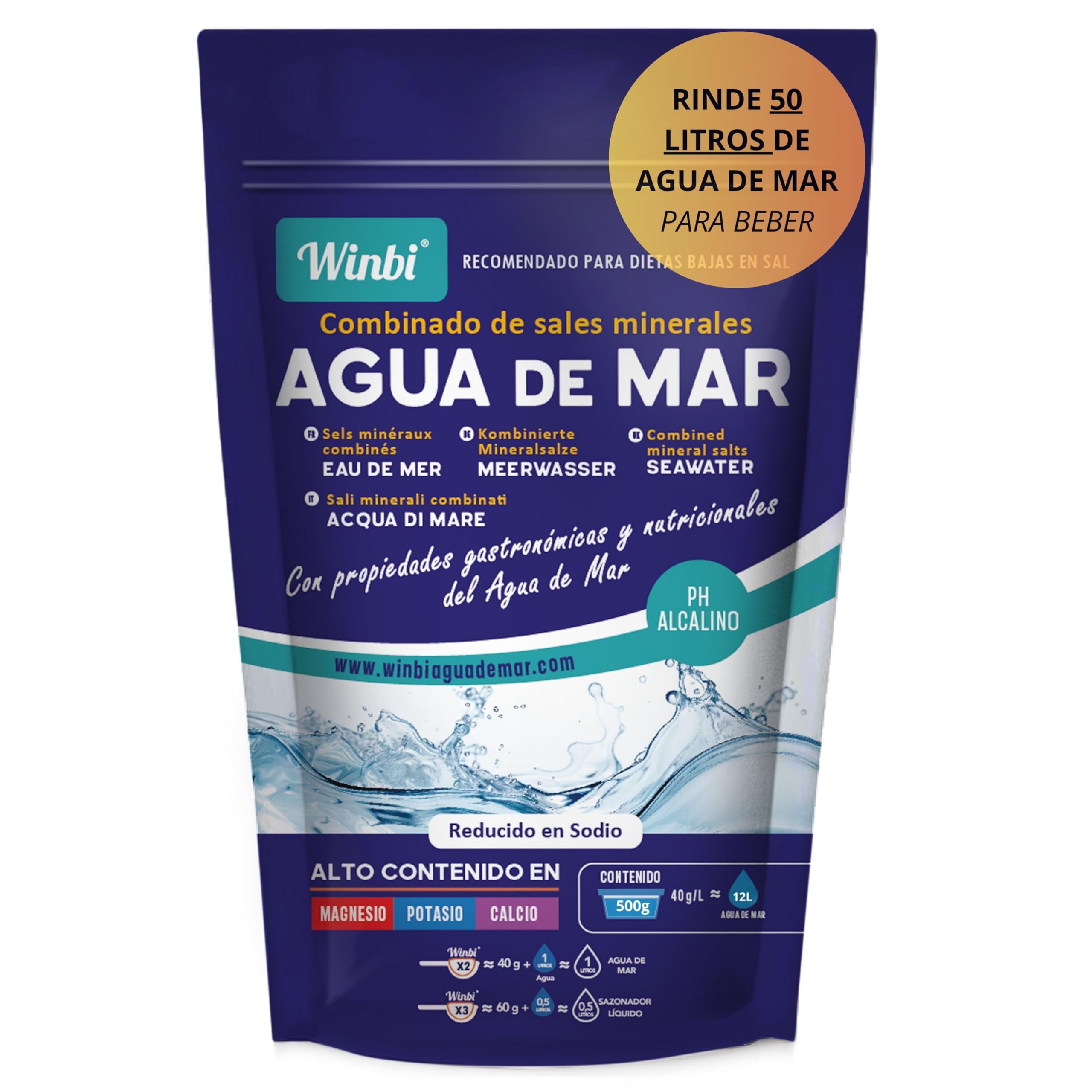 50 LITROS De Agua De Mar Winbi Para Beber. Múltiples Beneficios Al Cuerpo. Agua Marina Con Alto Contenido En Magnesio, Potasio Y Calcio. (500Gr)