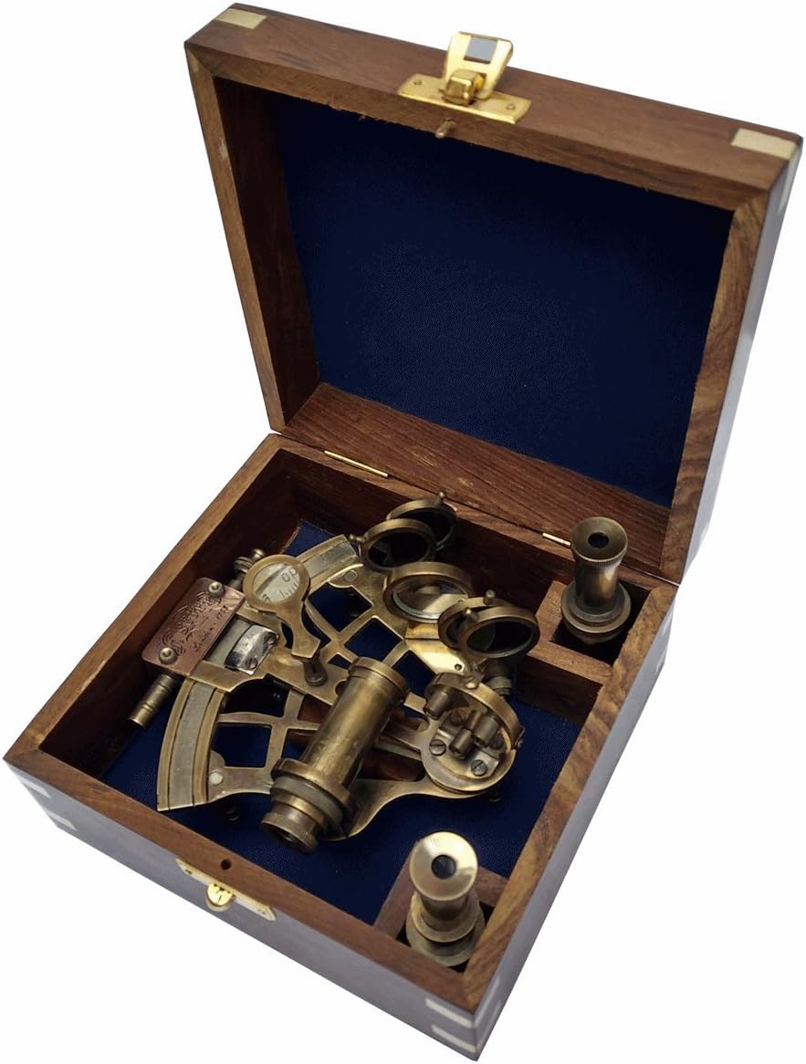 Brass Nautical Sextant Vintage Antique Astrolabe Ship Navigation Instrument Celestial & Nautical Sextant with Two Extra Sighting Telescope/Astrolabe Ship History Sextant Tool with Wooden Box - Image 5
