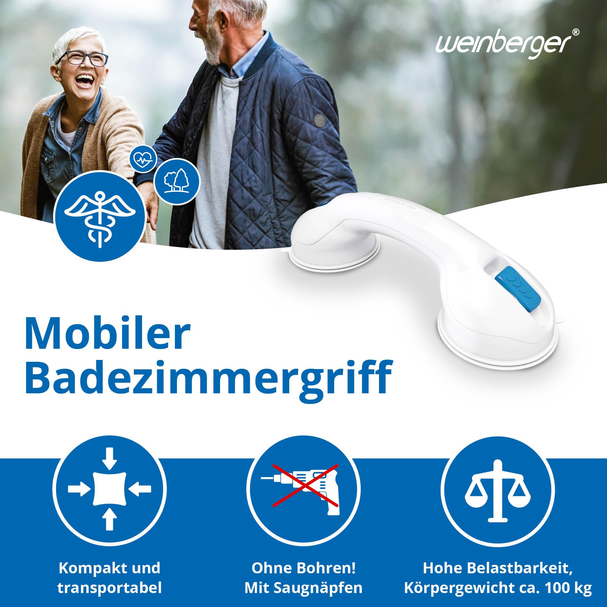 WEINBERGER leichter, starker mobiler Halte-Griff für jede Gelegenheit/mit Saugnäpfen/hält auf glatten(!) Oberflächen/für das Bad, Badewanne oder Dusche/perfekt zum Mitnehmen/Farbe: Weiß/Modell: 48711