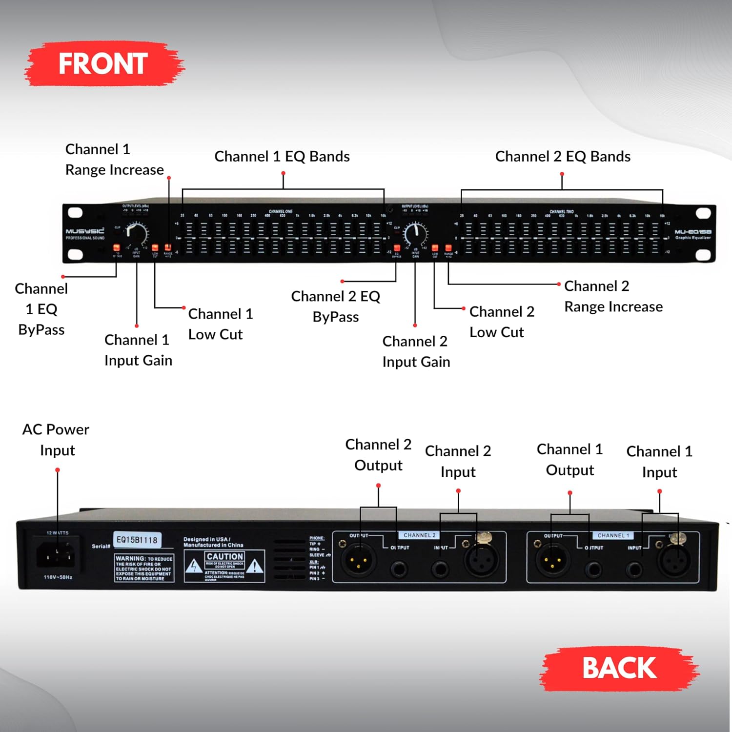 MUSYSIC Graphic Equalizer for Home Audio 15 Band Stereo Equalizer Rack Mount EQ Digital Equalizer Home Audio Spectrum Analyzer DJ Equalizer Professional Sound System w/1-Year Warranty MU-EQ15B