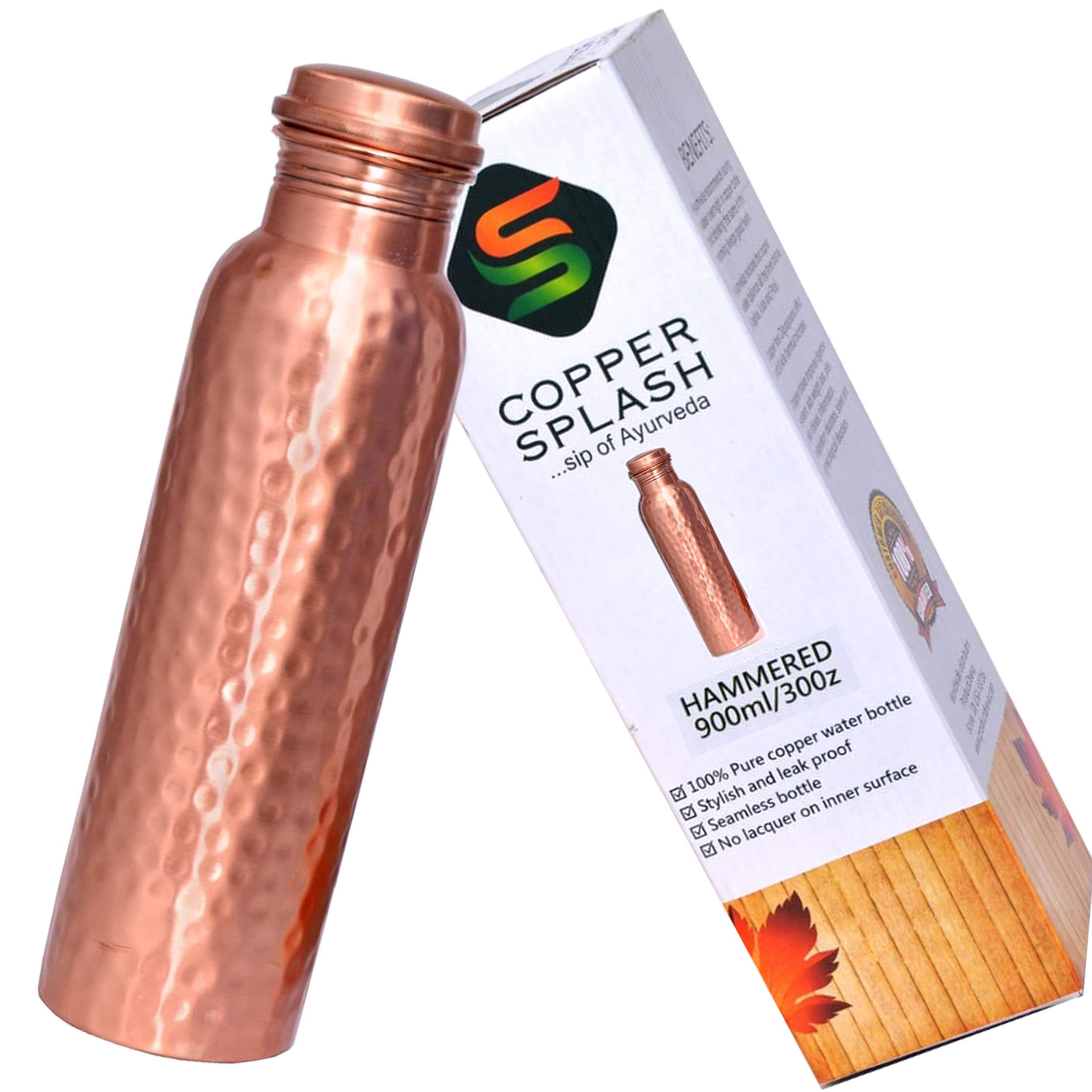 Coppersplash Copper Splash Hammered Pure Water Bottle - No Joint And Leak Proof Pitcher - No Messy Label - Have Ayurvedic Health Benefits. Holds 900 Mililitre Or 30 Ounce
