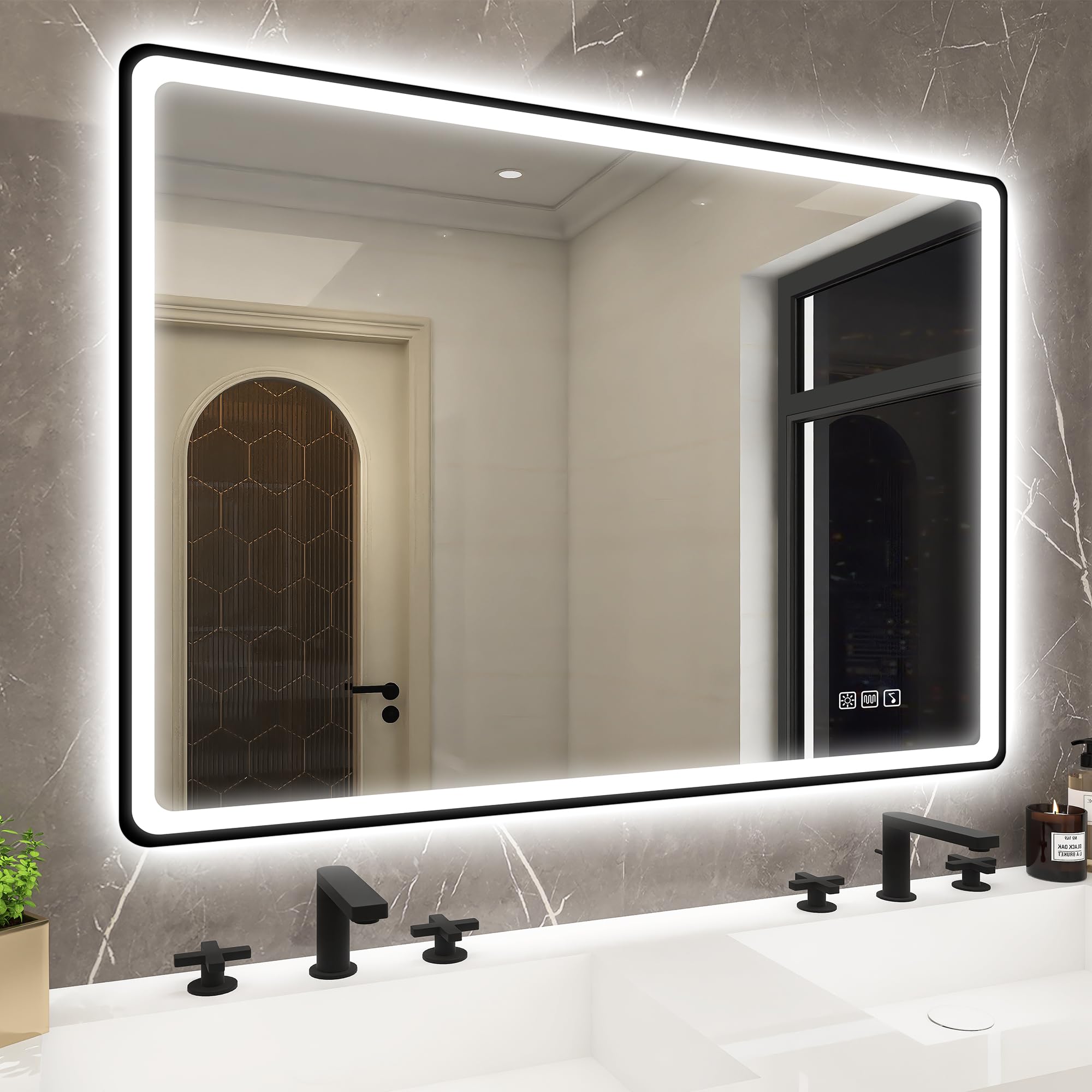 STARLEAD Espejo-Baño-con-Luz 100x70cm, Espejos-de-Baño-con-LED y Bluetooth, Antivaho, Regulable, 3 Colores Luz, Función Memoria, IP44 Espejo-Baño-LED, Vidrio Templado, Horizontal/Vertical, Negro