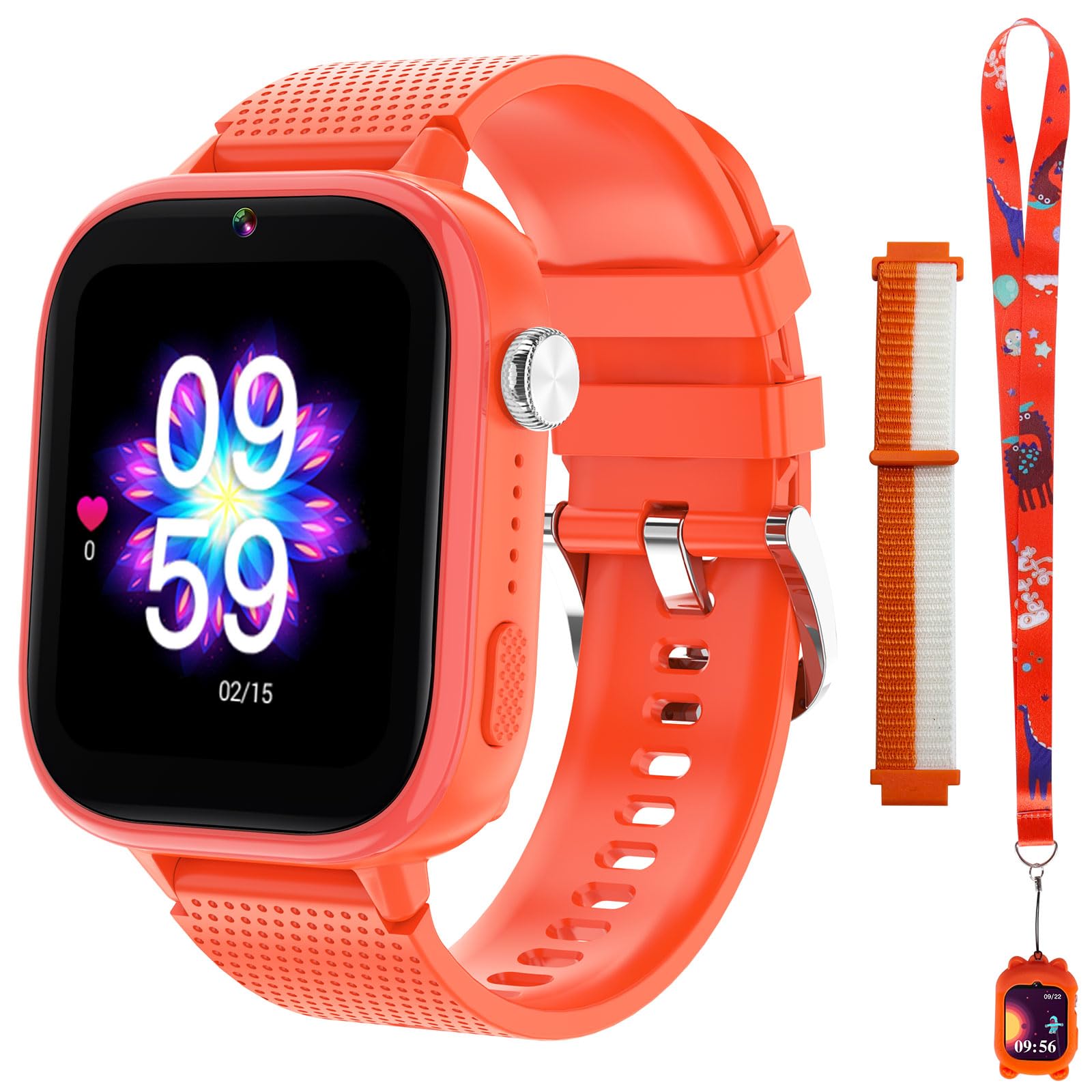 OKYUK Orologio intelligente 4G per bambini, con telefono e GPS, multifunzione, con videochiamata, modalità sportive, sveglia, App Store integrato, per ragazzi e ragazze, arancione