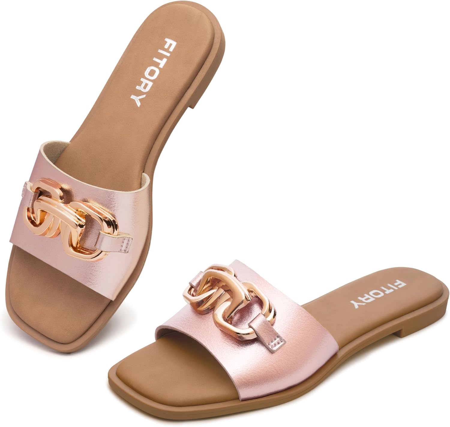 FITORY Women's Flat Sandals Fashion Slides With Soft Leather Slippers for Summer Size 6-11