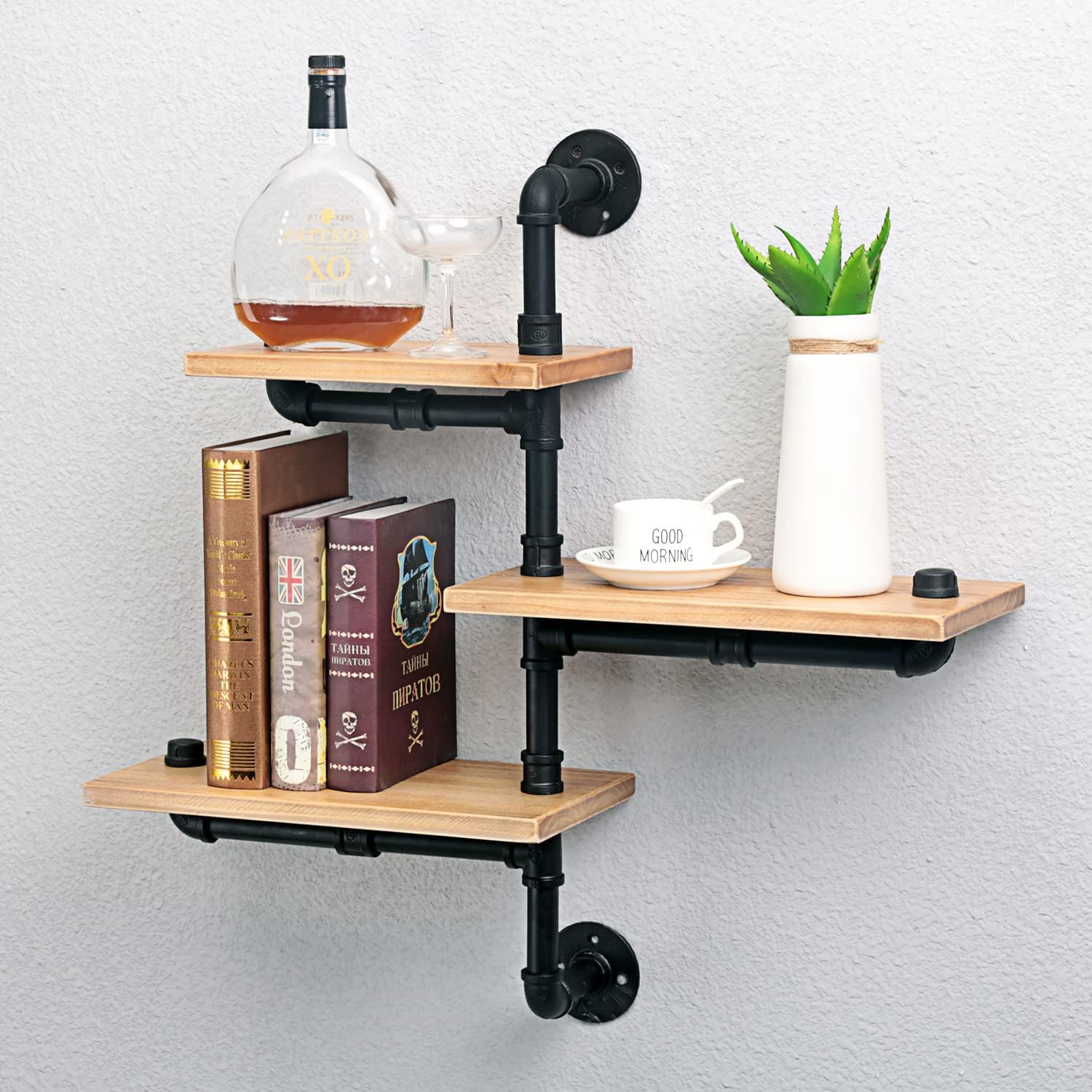 Industrial Pipe Wall Mount 3-Tiers Bookshelf, Metal&Wood Corner Shelves,DIY Storage Shelving Rustic Floating Shelves,Home Decor Shelves