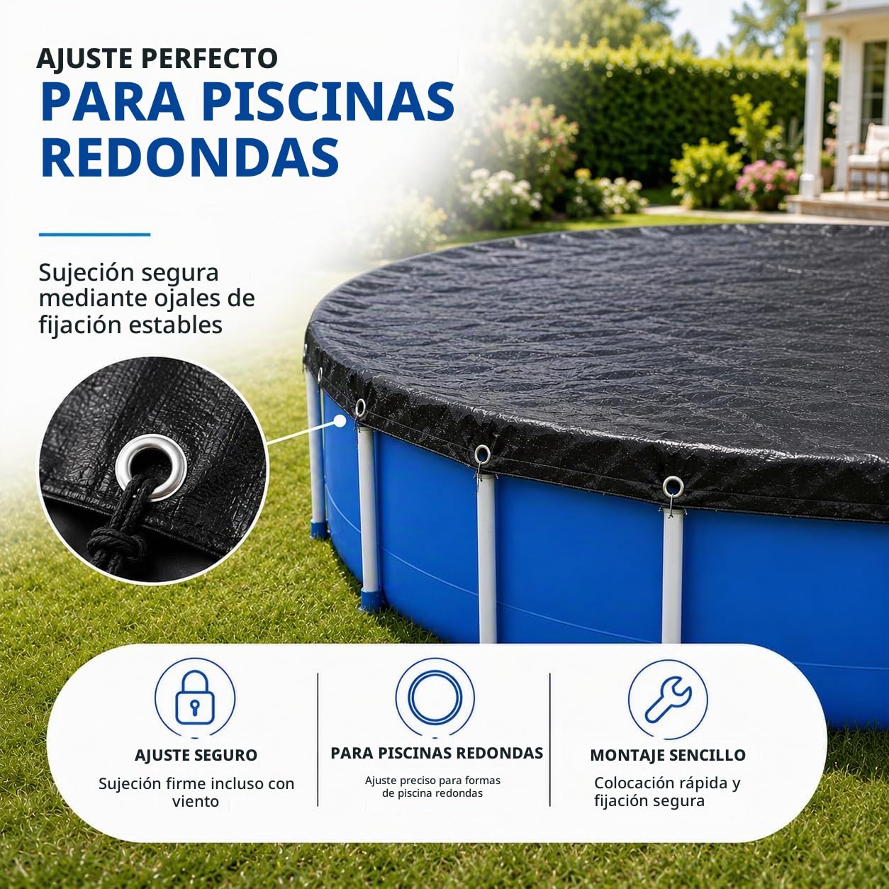 Cubierta para piscina redonda, extragruesa, 200 g/m², resistente a los rayos UV, solar para verano e invierno, lona negra para piscina (500 – 550 cm (diámetro 610 cm)