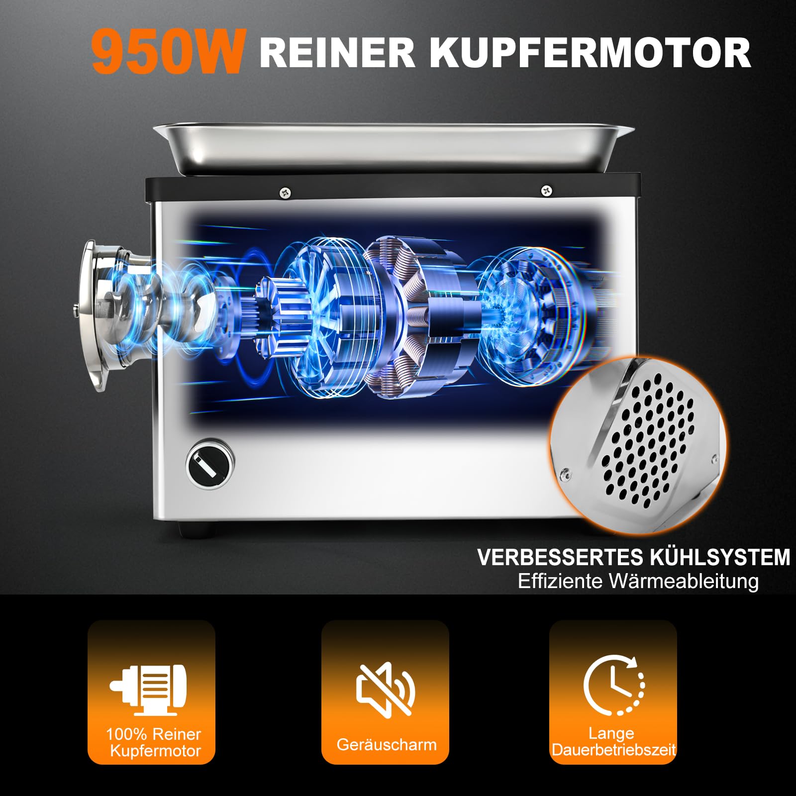 Anatole Fleischwolf Elektrisch Profi Wurstmaschine Edelstahl 950W | Knochenmühle, 6/8/10mm/3-Loch Schleifplatten, 2 Klingen, 4 Wurstfüller, Kompakte Bauweise, für Restaurant Hotel Hause, 220V