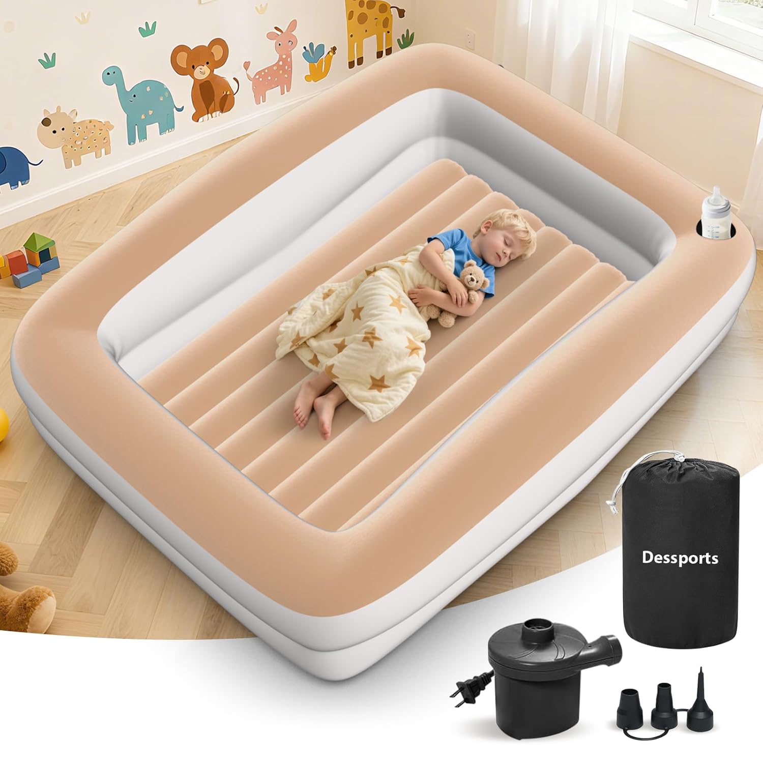 Inflatable Toddler Travel Bed - 67 Inches Portable Blow Up Bed with Safety Sides - Kids Air Mattress with Electric Pump & Carry Bag - Lightweight Camping Essential Bed for Sleeping Outddor - Khaki