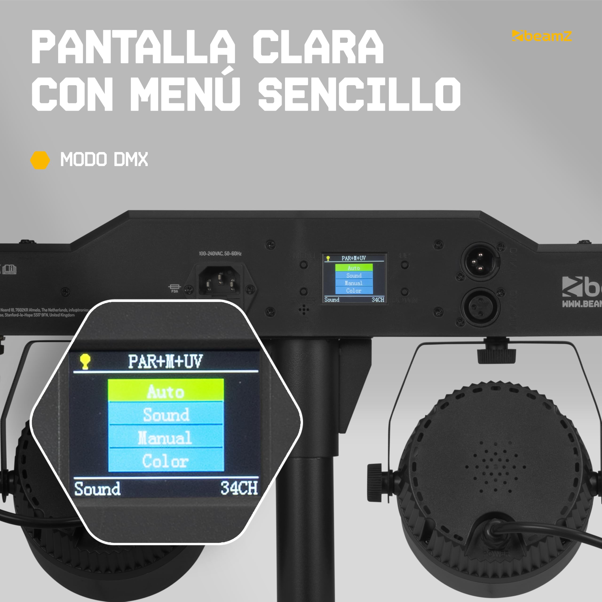 BeamZ CLS Kore Party Bar con 2 par led rgbw y 2 derby, barra led dj con tripode regulable, dmx 512, mando a distancia, luces discoteca para casa, luces dj y luces escenario