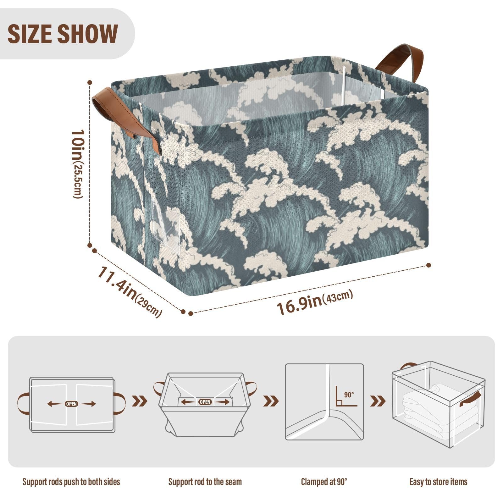 Seamless Sea Waves Ocean Waves Blue Storm Surfing Water 2PC Rectangle Foldable Frame Basket Leather Handles Storage Bin for Laundry Bathroom Organizer M 16.9 x 11.4 x 10 inch