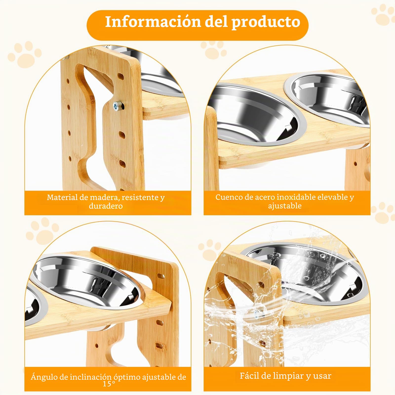 Comedero Elevado para Perros y Gatos con Soporte Ajustable, Antideslizante, 2 Cuencos de Acero Inoxidable, 5 Alturas (A)