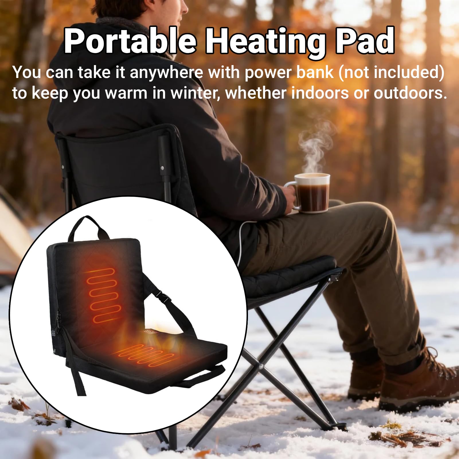 Cuscino Riscaldato Portatile e Pieghevole per Sedia, con Interruttore a 3 Temperature, Ricaricabile USB, per Ufficio, Casa, Stadio, Campeggio