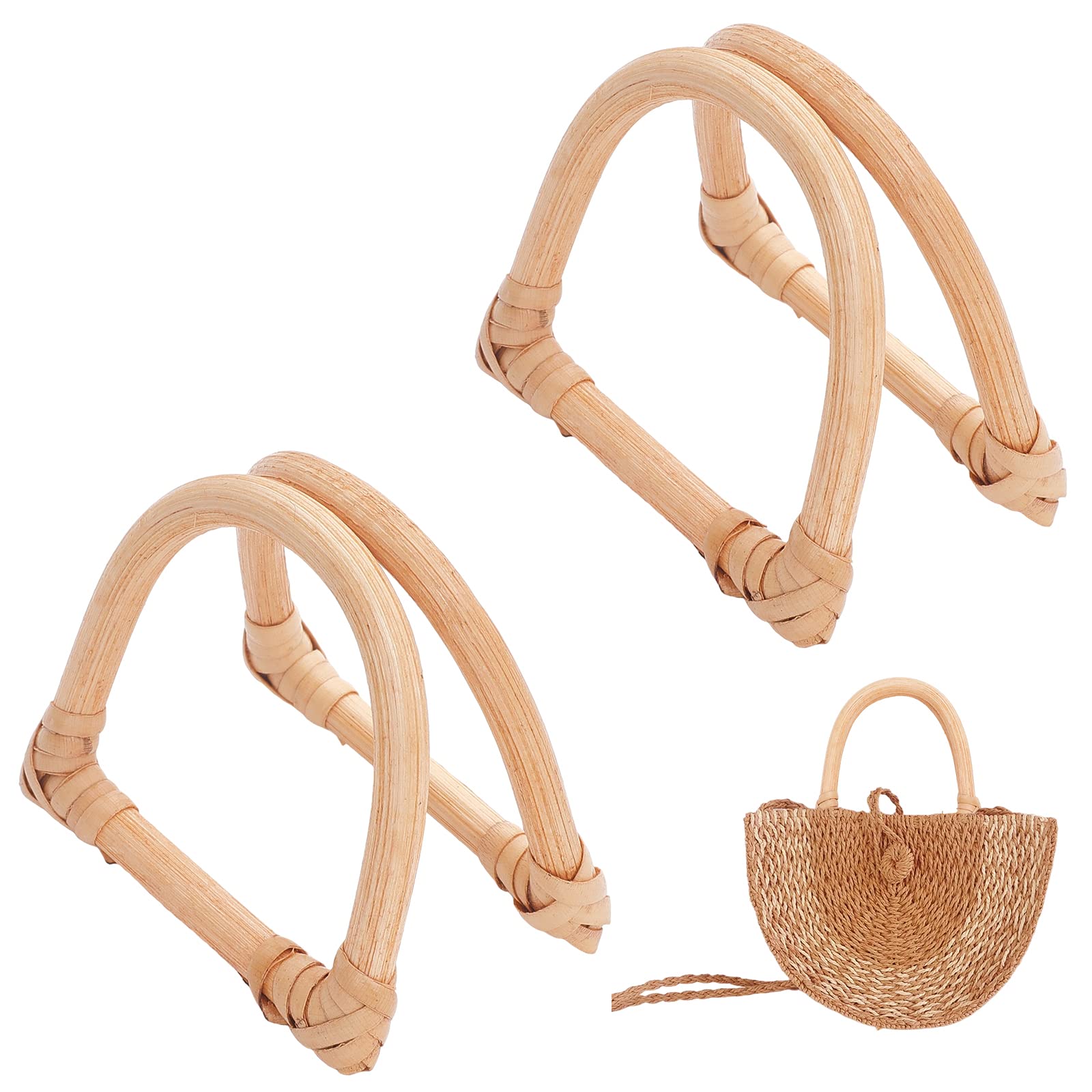 CHGCRAFT 2Pcs D-Shaped Rattan Purse Handles Handmade Bag Handbags Purse Decorative Handle Replacement Tool for Braided Bag & Basket Making, Wheat Color, 7.5x7.8x1.1cm