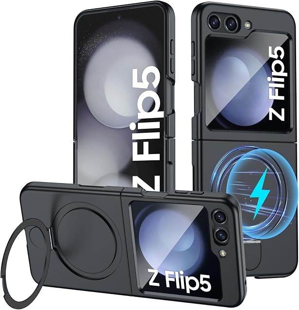 Vizvera for Samsung Galaxy Z Flip 5 Case with Magnetic Invisible Stand [Tempered Glass Screen Protectors] [Compatible with MagSafe] Slim Anti-Scratch Matte Phone Cases for Men Women 2023, Black