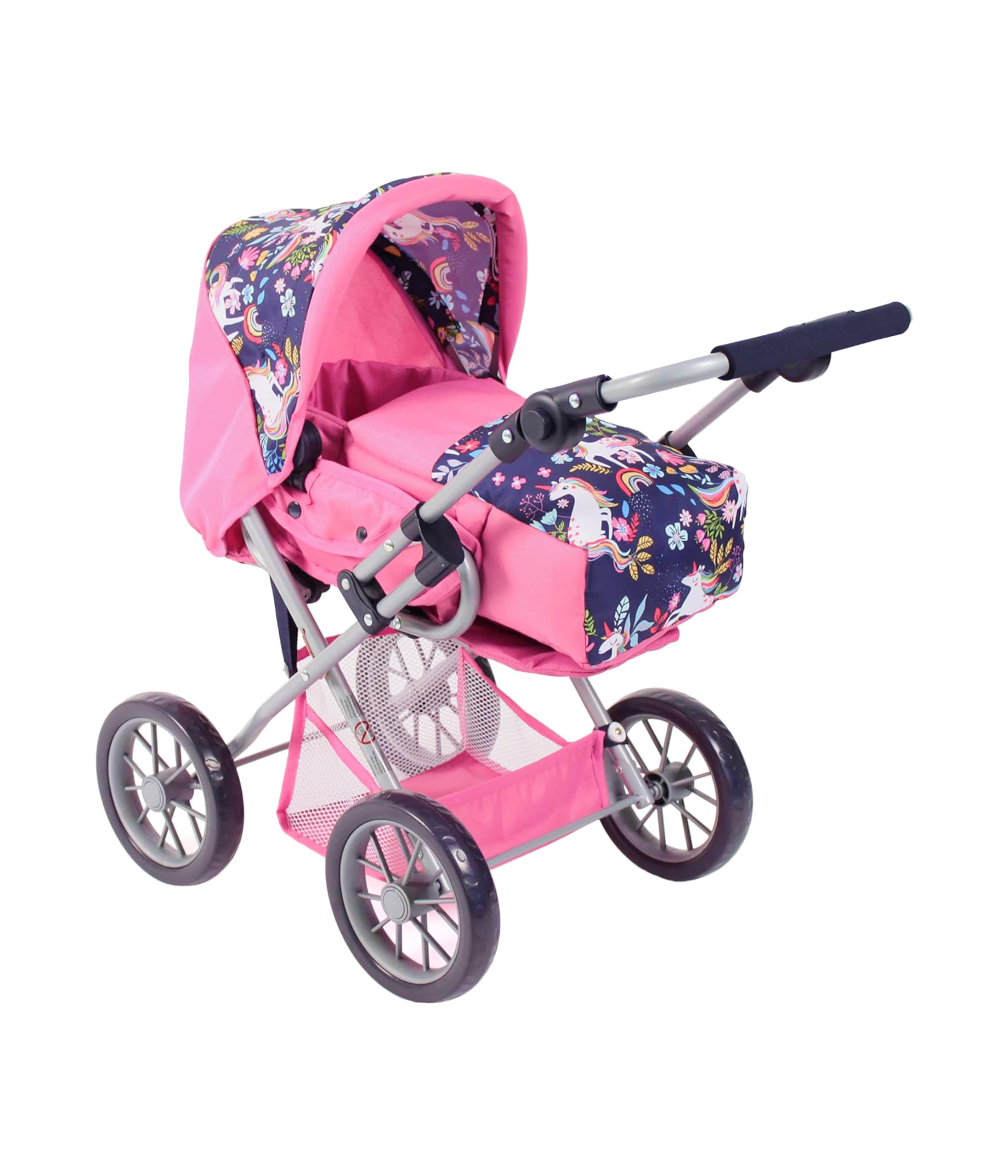 Bayer Chic 2000® 3in1 Kombi Puppenwagen Leni - Einhorn Pink - faltbar, höhenverstellbarer Griff 43-67 cm, Tragetasche – Puppen bis 46 cm, ab 3 J.