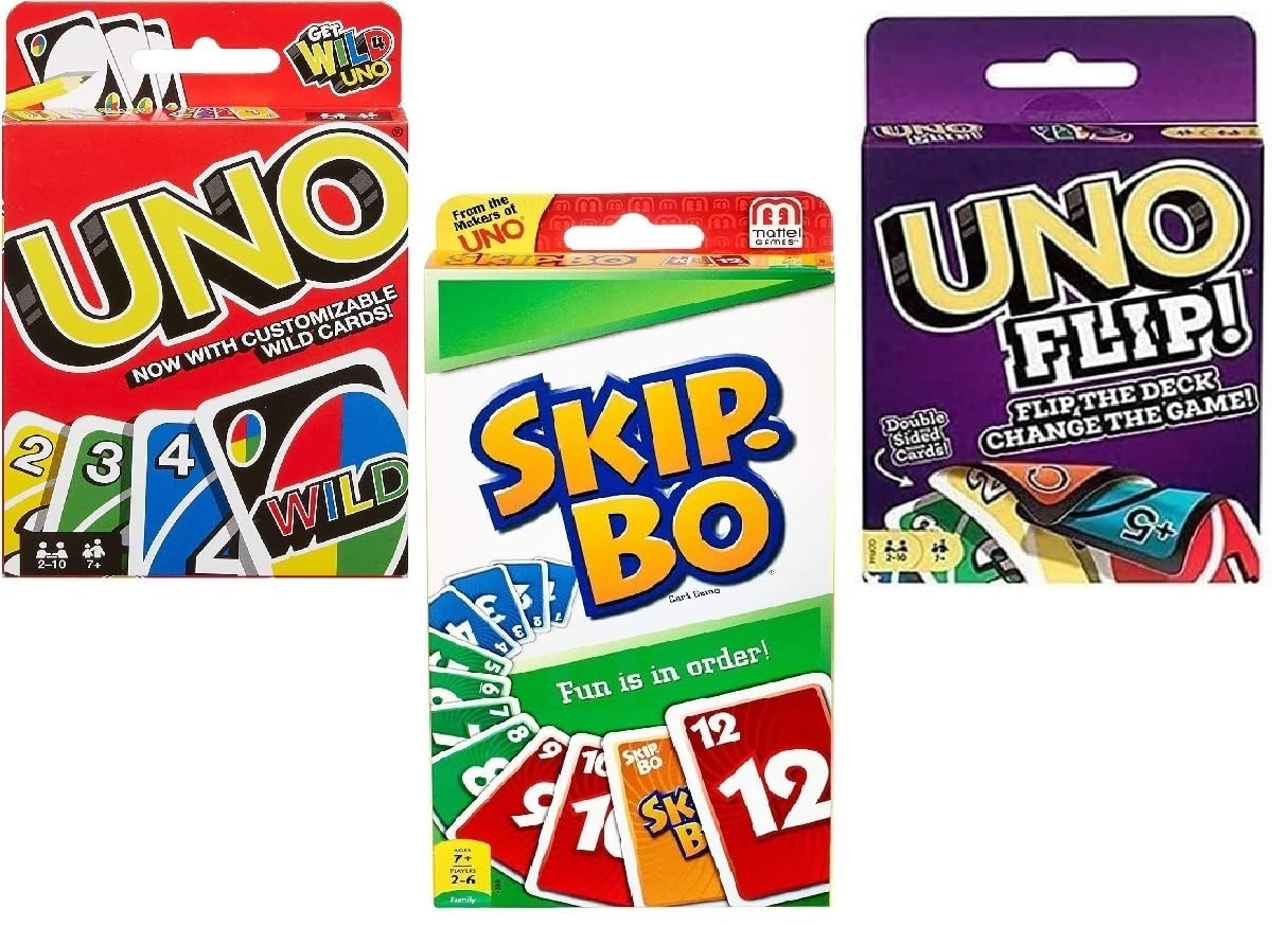 Mattel Uno Lot de 3 jeux de cartes Flip et Skip-Bo