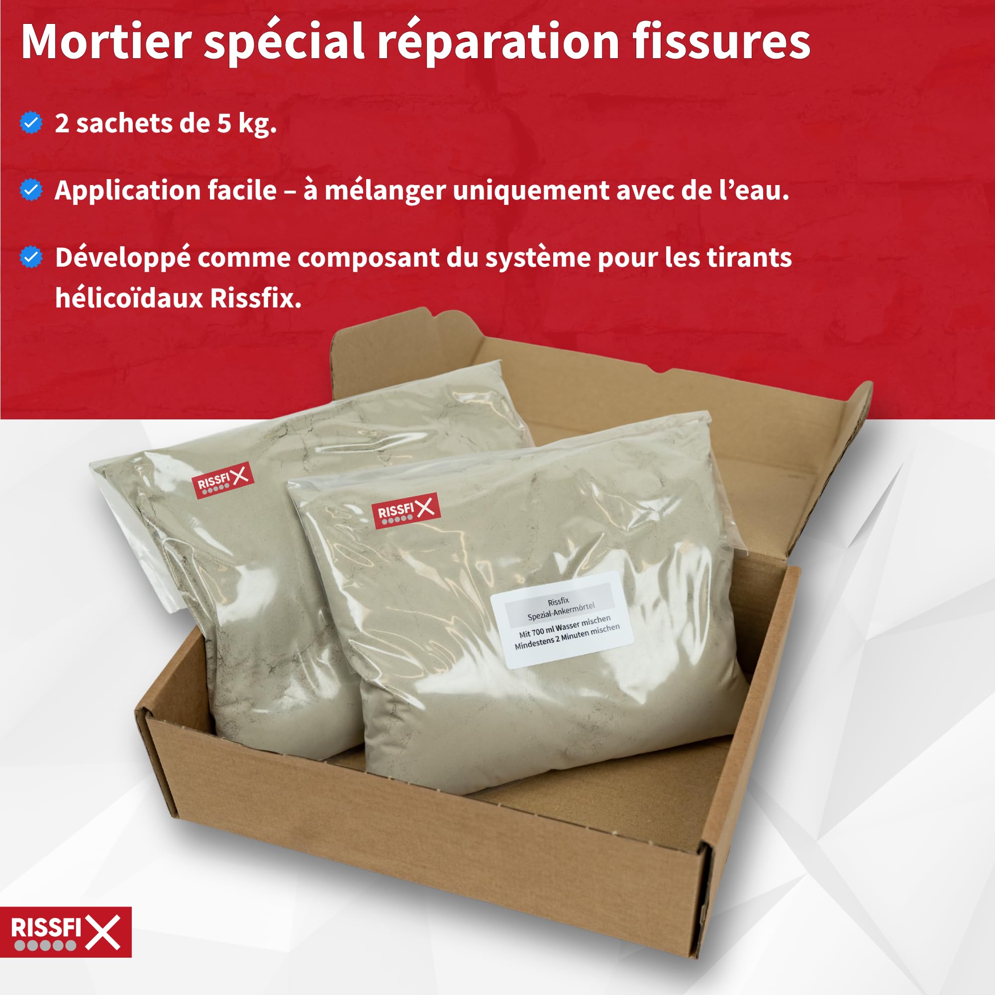 Mortier spécial réparation fissure mur et fissure façade – pour agrafes hélicoïdales – sans retrait, haute résistance – 2 × 5 kg