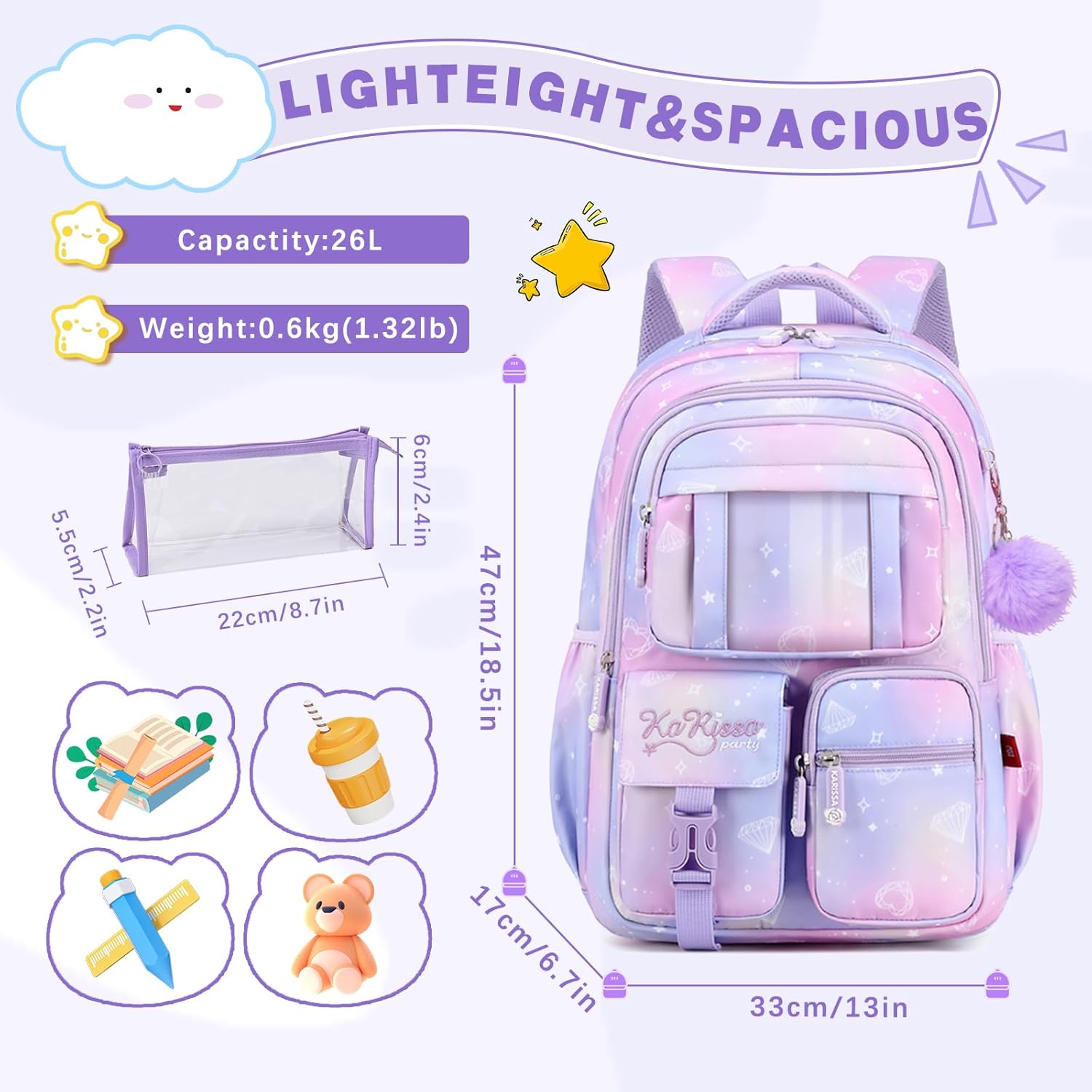 Cute Backpack Girls Large Capacity School Bag Set with Pen Bag and Plush Ball Keychain Sweet Bookbag for Kids (Purple)