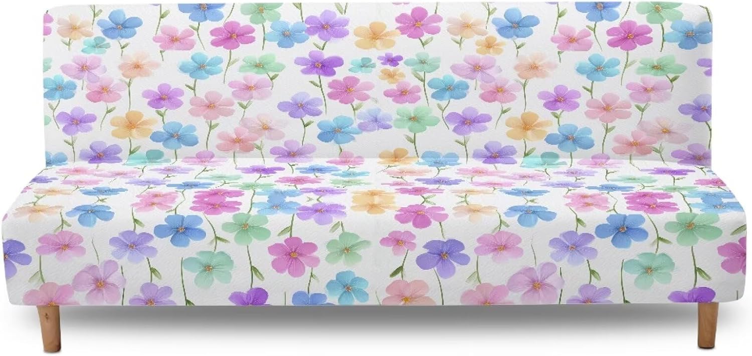 Colorful Cherry Blossom Print Armless Futon Sofa Cover, Anti Scratch Furniture Protector Breathable Folding Sofa Bed Slipcover with Stretch Bottom for Kids and Pets