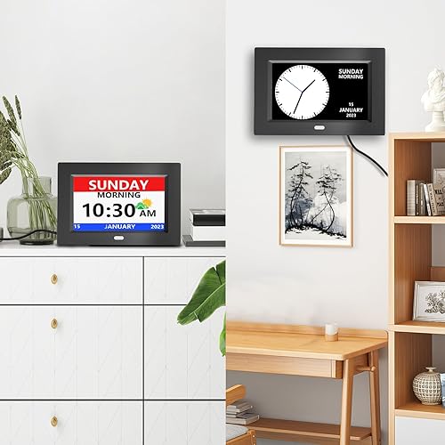 Miniatura 4 de Reloj de 7 pulgadas con día y fecha para ancianos, pantalla grande, reloj digital, 5 alarmas, 3 recordatorios de medicamentos, fuente grande,