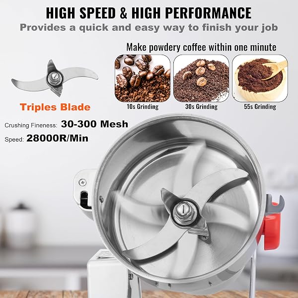 VEVOR Moulin à épices Électrique 1000 g, Broyeur à Grains Commercial 3000 W Haute Vitesse, Moulin à Farine en Acier Inoxydable, Type Oscillant, pour Moudre Rapidement Céréales Épices Herbes Cafés - 4