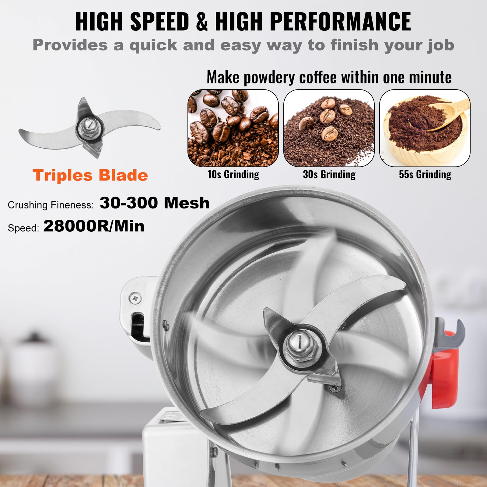 VEVOR 750g Mulino Elettrico per Cereali, Macina Spezie Commerciale Alta Velocità 2000 W, Macchina Polverizzazione in Acciaio Inox, per Cereali Secchi, Spezie, Caffè, Mais, Pepe, Tipo Oscillante