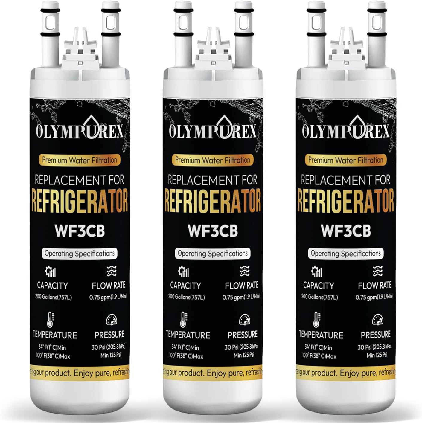WF3CB Refrigerator Water Filter [Pack 3] Replacement, Premium Replacement for WF425, Pure Source 3, 706465, 242069601, 242086201, 242017800, PS3412266, Fridge Water Filter, 9 Inches
