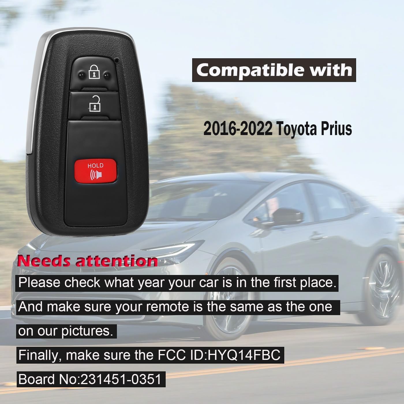 Smart Key Fob Remote Replacement Compatible with Toyota Prius 2016-2022 Keyless Entry Remote Control FCC ID:HYQ14FBC 231451-0351