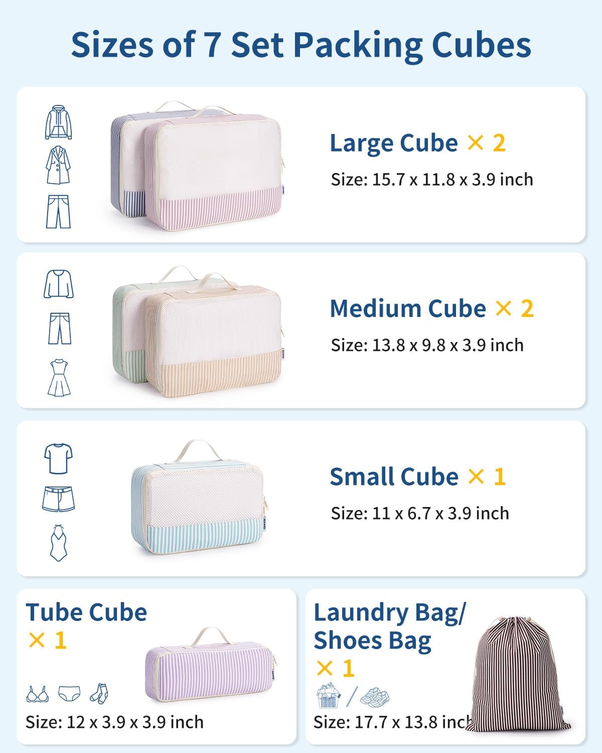 Narwey 7 Set Striped Packing Cubes for Travel Carry on Suitcase Luggage Organizer Bags for Kids Women Men, Durable Packing Organizers Bag, Travel Essentials Accessories (Stripe Combined) - Image 2