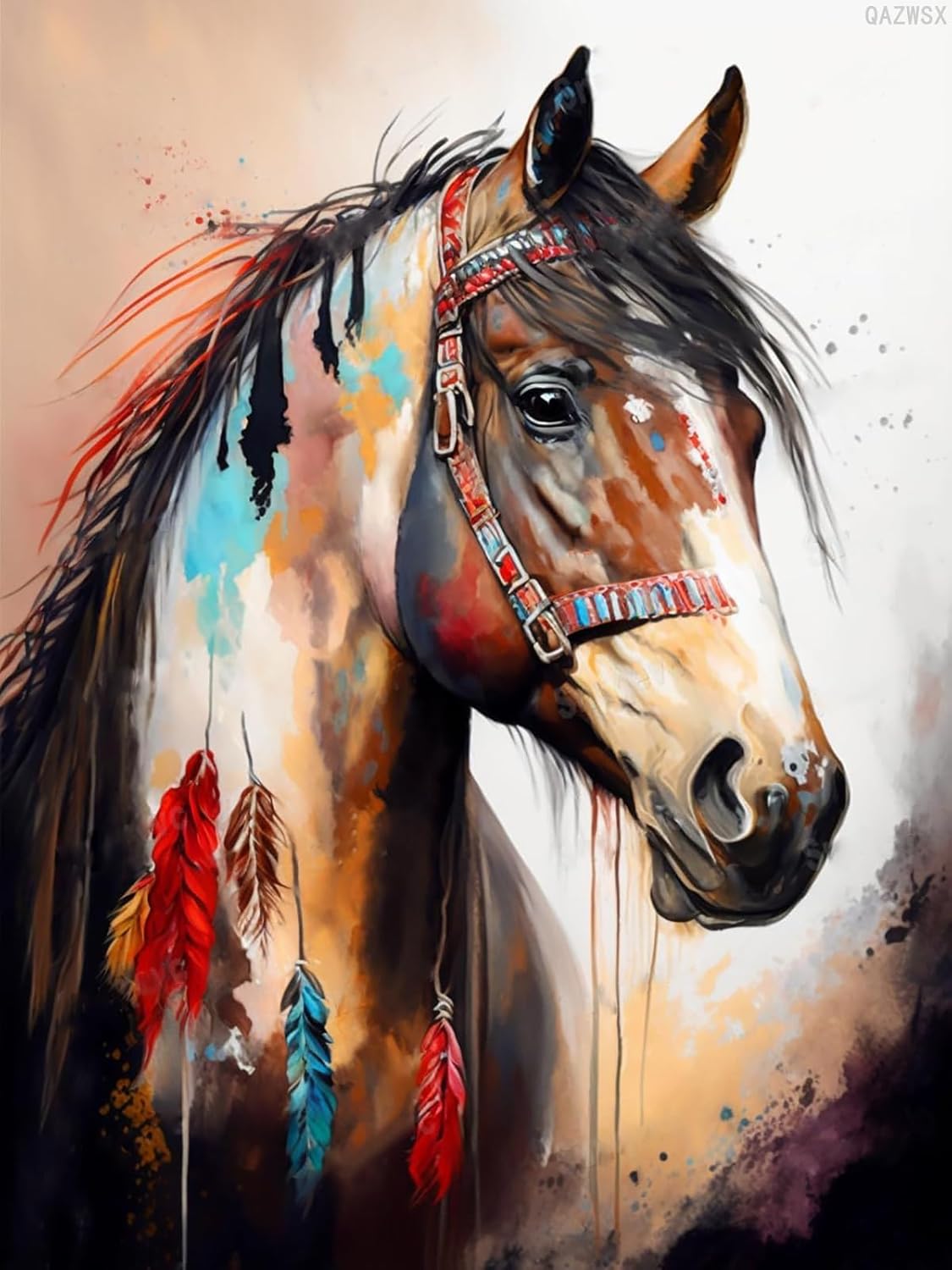 QAZWSX Diamond Painting Kits Vintage Indian Horse Diamond Painting 12x16inch DIY Adult Crystal Cross Stitch Crafts for Wall Decor Bedroom Decor Gift