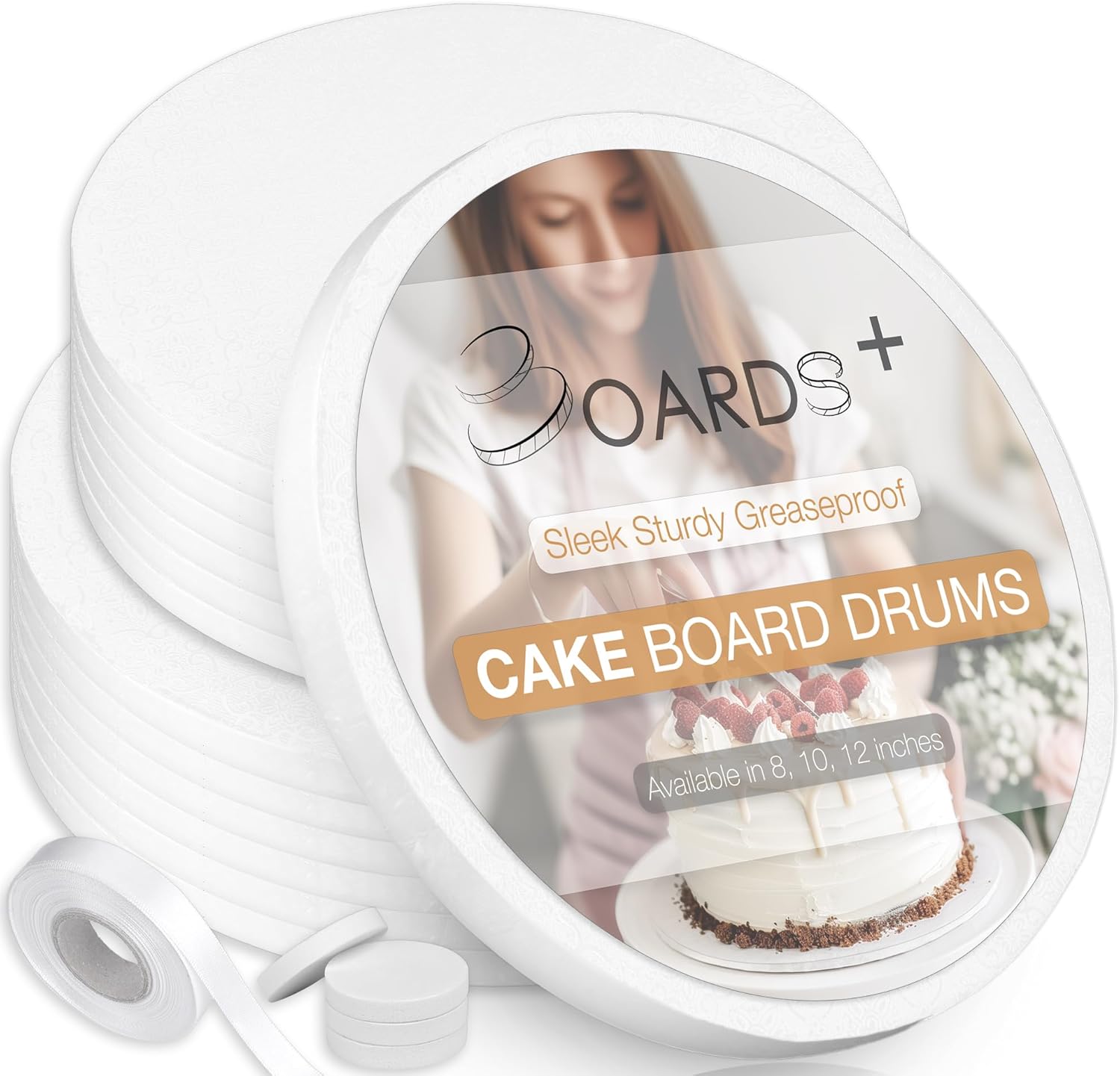 BOARDS+ Cake Drums 10 +12 Inch (20 Pack) | 1/2" Thick Cake Rounds | Free Prop Up Tool & Matching Ribbon | Sturdy, Greaseproof, Seamless Cake Circles For Presenting Heavy/Tiered Cakes