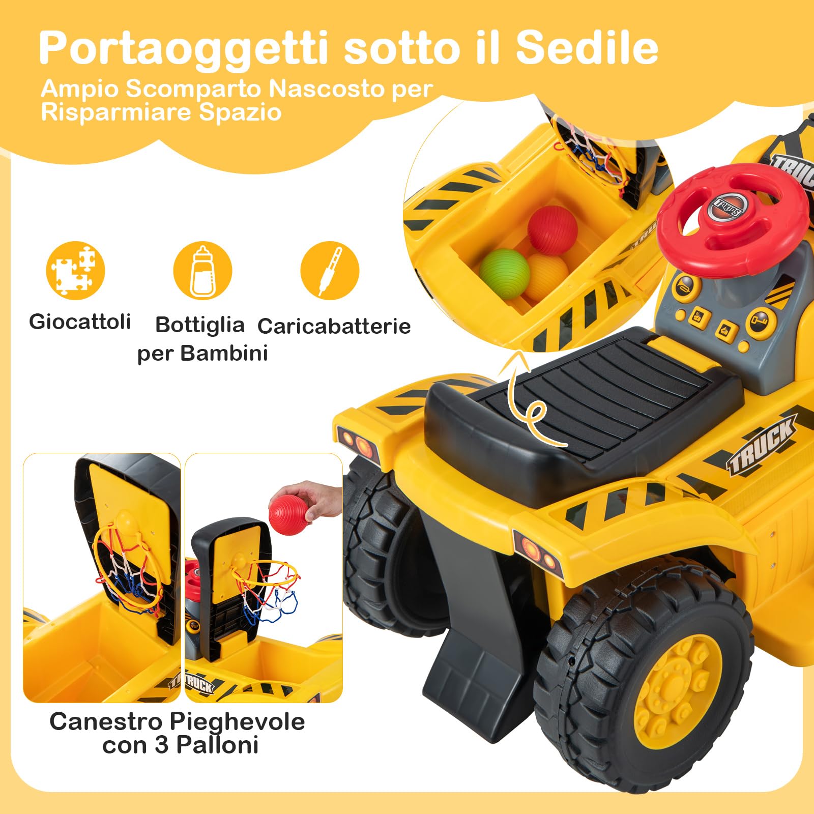 COSTWAY Escavatore Elettrico per Bambini, Ruspa con Vano Clacson ed Effetti Sonori, Canestro da Basket Pieghevole e 3 Palline, Giocattolo per Scavare per Bambini 2 Anni +