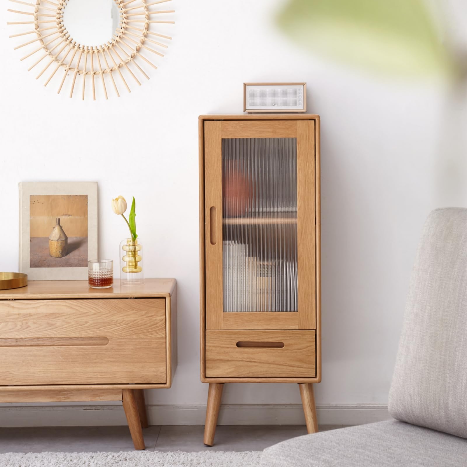 Wayshome 100% Solid Wood Living Room Cabinet, Narrow Storage Cabinet with Doors and Shelves, Kitchen Pantry Storage Cabinet for Kitchen, Home Office(