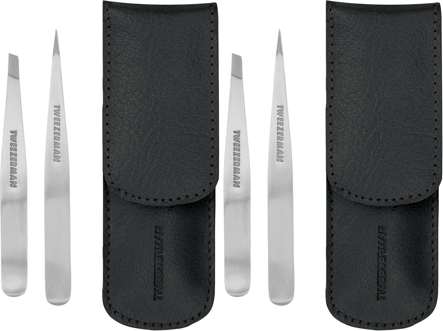 Tweezerman Petite Tweeze Set with Travel Case - Point and Slant Tweezers, Tweezers for Travel (Black Case), (Pack of 2)