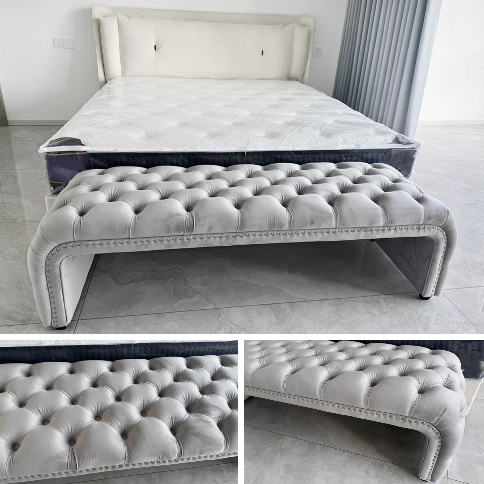 Banco Zapatero con Asiento Botones de Nudos Acolchado Cómodo Taburete Pie de Cama Esquinas Redondeadas Banco para Armario para Dormitorio Tienda Salón Entrada(Green 02,55.12in/140cm)