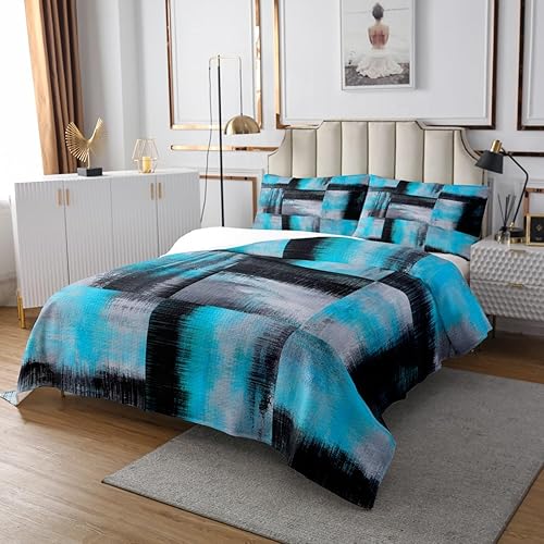 Miniatura 3 de Juego de edredón azul negro y gris para niños y niños, juego de colcha geométrica de retazos a cuadros, juego de colcha King retro grunge graffiti
