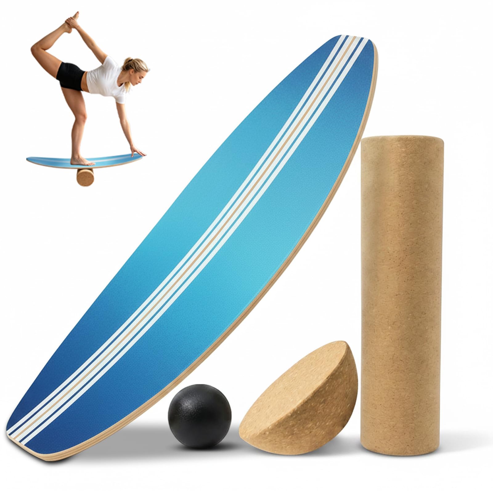 Balance Board Erwachsene Wackelbrett, Gleichgewichtstrainer Holz, Balanceboards für Fitness, Surfin Balance Board, Yoga & Koordination, Korkrolle & Halbkugel und Ball, Rutschfest bis 200kg