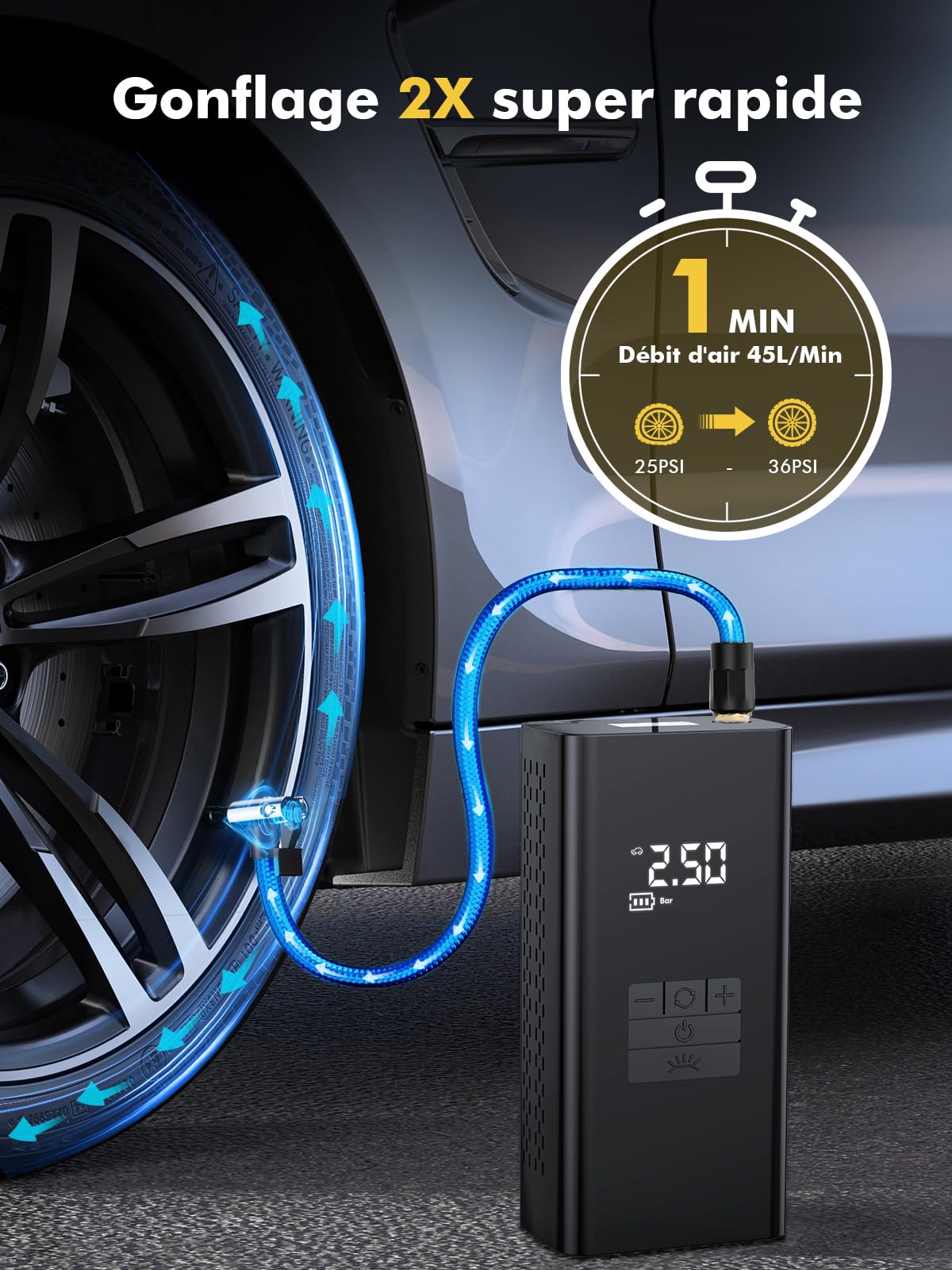 DIHOOM Compresseur à Air Portatif 45L/Min avec Batterie 6000mAh | Gonfleur Pneus Voiture Rapide, Support Banque d'Énergie, Éclairage LED - 4 Modes - Idéal pour Voitures, Vélos, Motos, Ballons