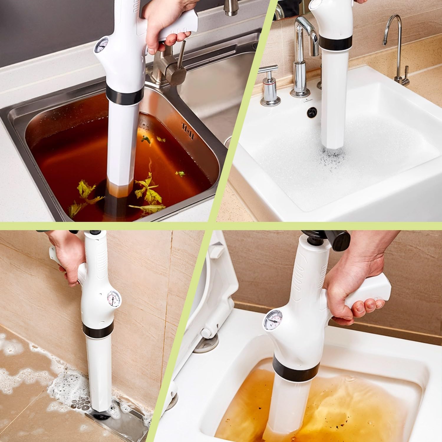 Pompa Stura Scarichi a Pressione con Barometro, Sturalavandino ad Aria Compressa con 4 Teste Sostituibili, Sturalavandini a Pressione, per Disintasare WC Lavello Doccia, Grigio