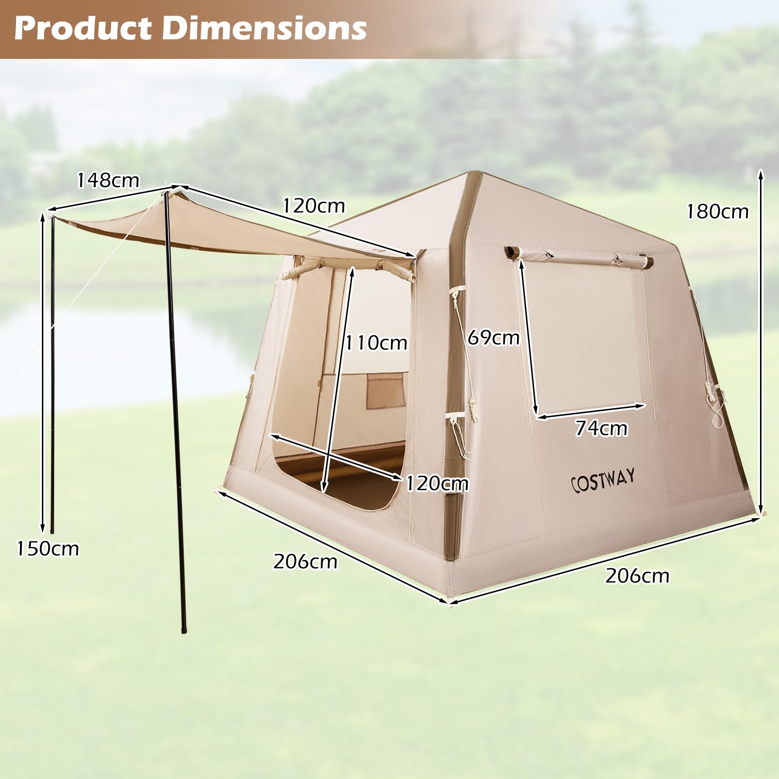 FANTASK Aufblasbares Zelt, 210 x 210 x 180 cm, Outdoor Campingzelt mit Moskitonetzfenstern, Wurfzelt mit Pumpe & Tragetasche, Familienzelt mit Erdankern & Spannleinen für 2-4 Personen