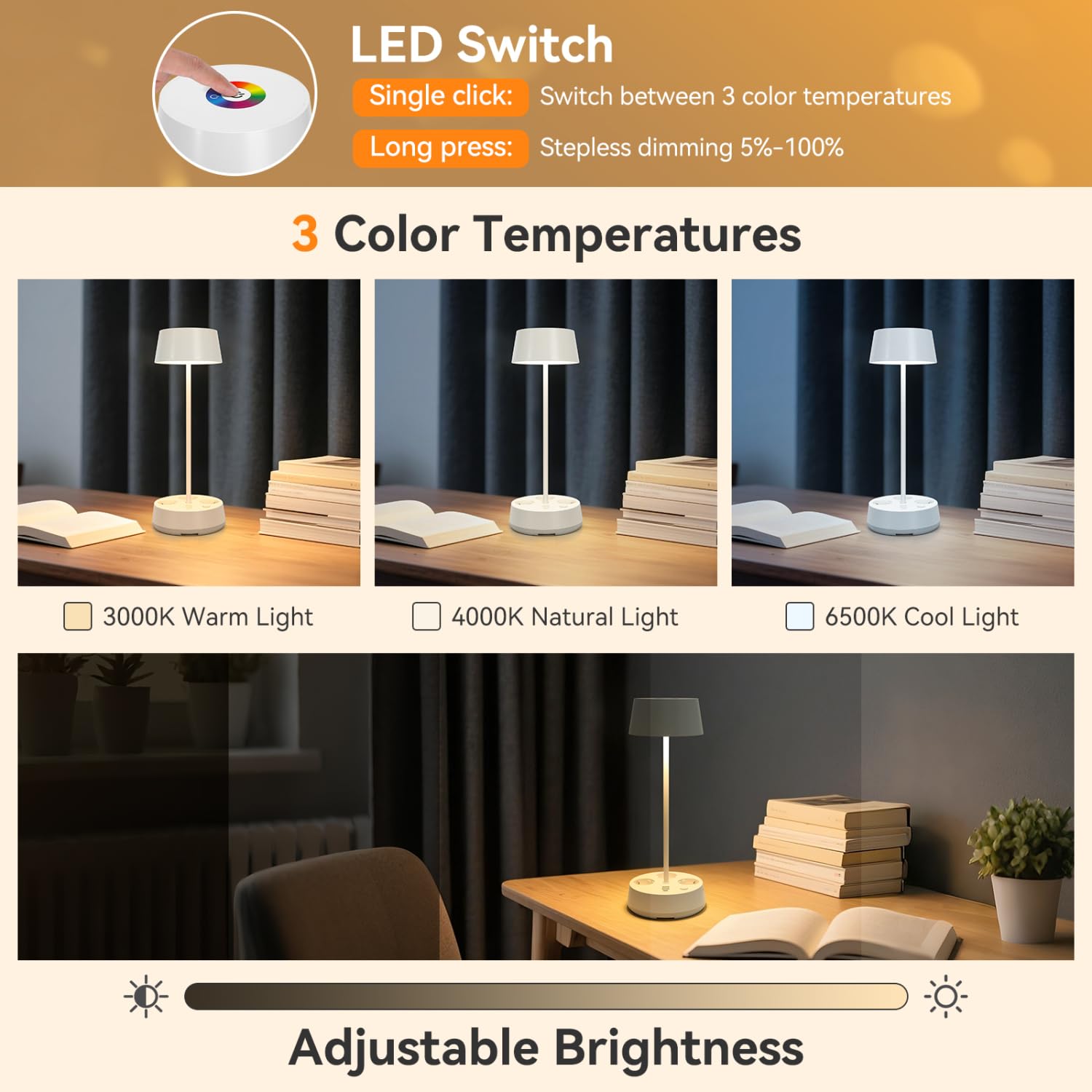 Aigostar 2 Stück Schreibtischlampe mit Stecker und Steckdosen, USB- und Typ-C-Ausgang, Touch-Tischlampe, 3 Farbtemperaturen + RGB, einstellbare Helligkeit (Weiß)