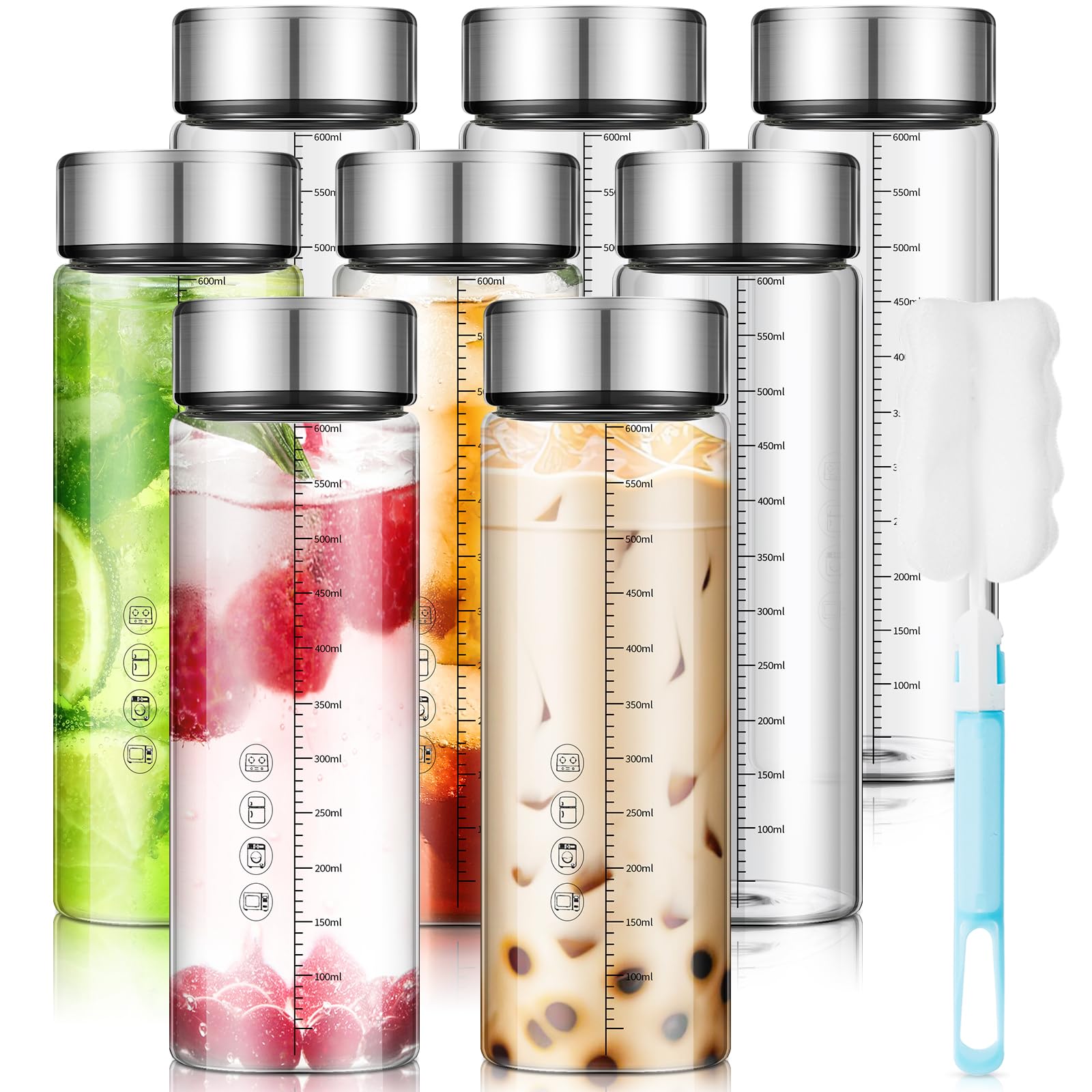 Vesici 20 oz Wide Mouth Glass Juice Bottle Glass Water Bottles with Lids and Scale for Juicing Smoothies Milk Protein Water Beverage Storage Reusable